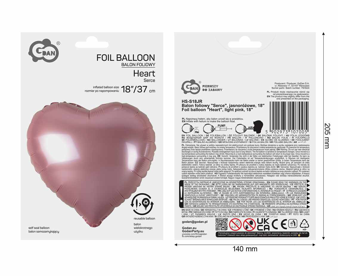 Foil balloon, heart, light pink, 18"